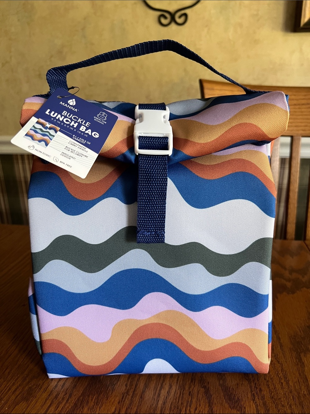 Manna Brand Marina Wave-Print Buckle Insulated Lunch Bag with Handle. NWT